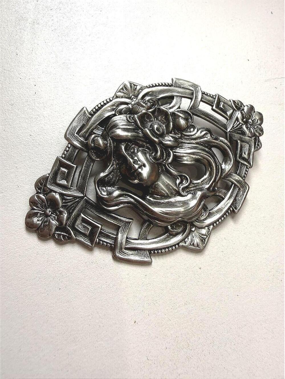 Vintage Silver Tone Brooch with Woman's Profile and Floral Design